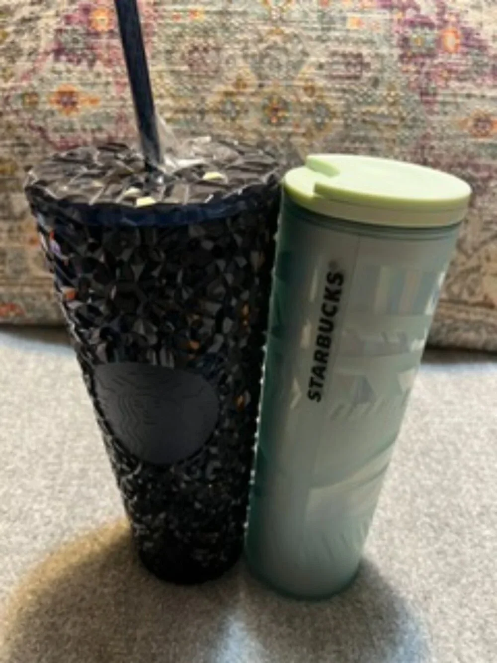 NWT Two Starbucks Travel Cups Never Used Black/Blue and Pale Green